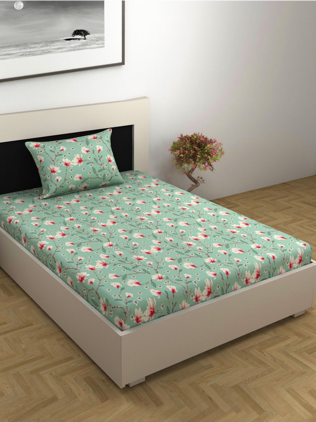 

Divine Casa Florate Sea Green Floral Cotton 144 TC Single Bedsheet Set 90 cm x 2.23 m