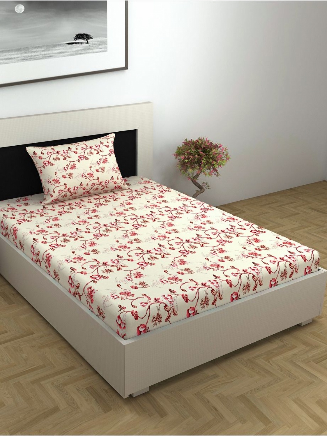 

Divine Casa Florate Beige Floral Cotton 144 TC Single Bedsheet Set 90 cm x 2.23 m