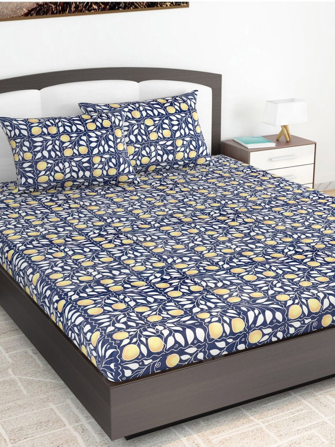 

Divine Casa Bedsheet Blue Printed 144 TC Pure Cotton King Bedsheet Set-2.70 m x 2.70 m, Navy blue