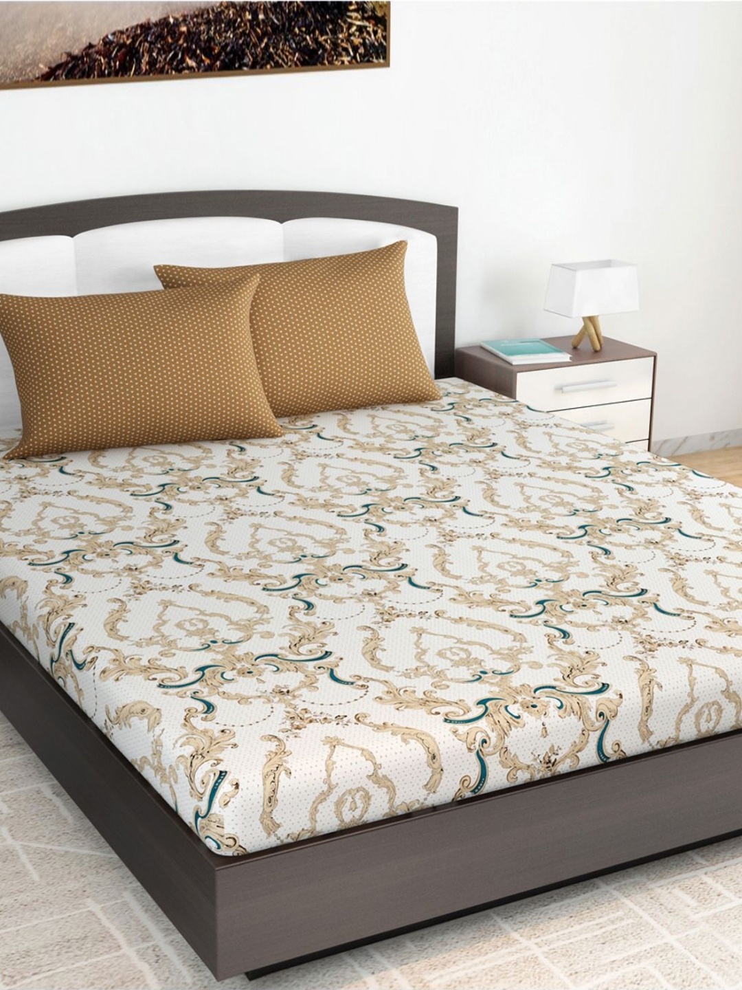 

Divine Casa Cream Floral Cotton 144 TC Queen Bedsheet 2.70 m x 2.70 m, Beige
