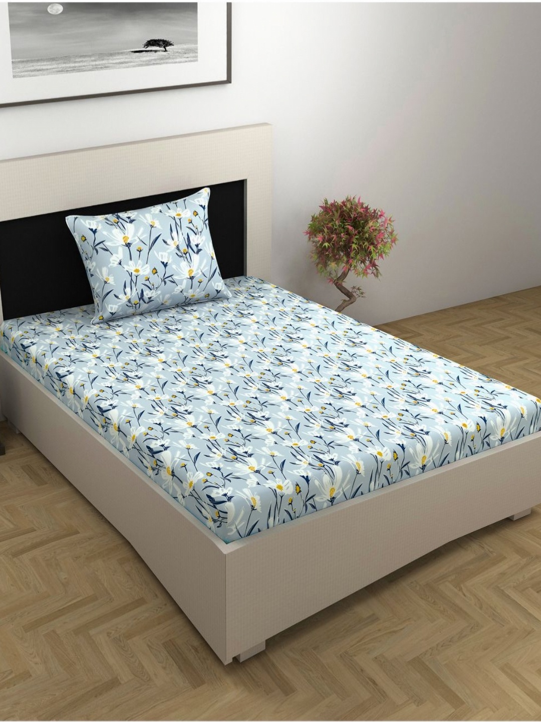

Divine Casa Florate Blue Floral Cotton 144 TC Single Bedsheet Set 90 cm x 2.23 m