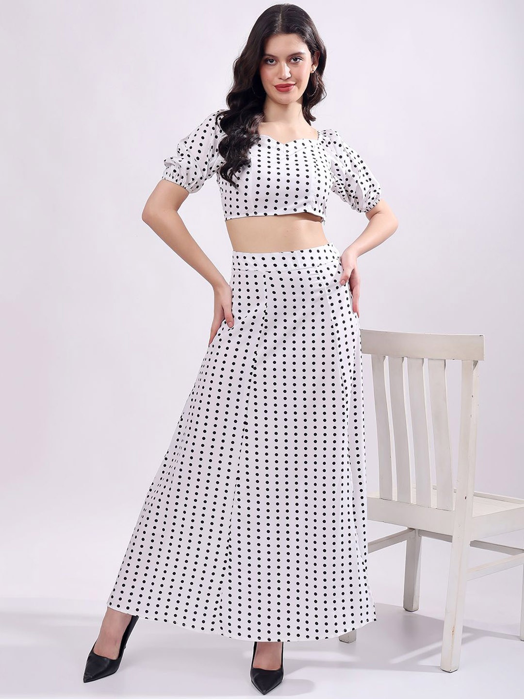 

T TRYON ULTIMATE Polka Dot Printed Puff Sleeves Top With Skirt, White