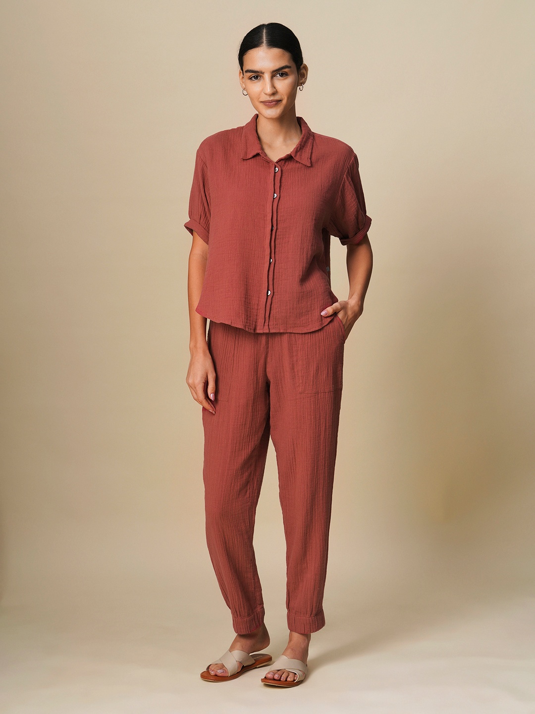 

Chemistry Women Pure Cotton Shirt With Trousers Co-Ord Sets, Rust