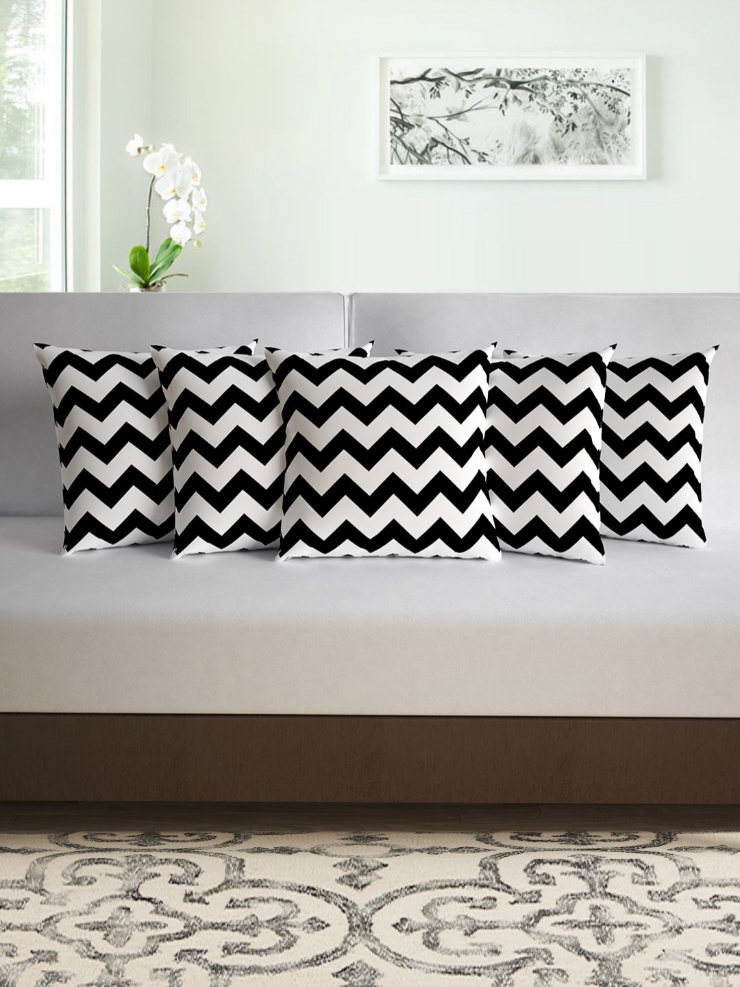 

Divine Casa Black and White 5 Pieces Geometric Printed Square Cushion Covers