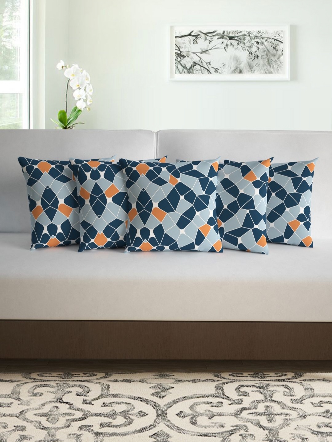 

Divine Casa Blue 5 Pieces Geometric Printed Microfiber Square Cushion Covers