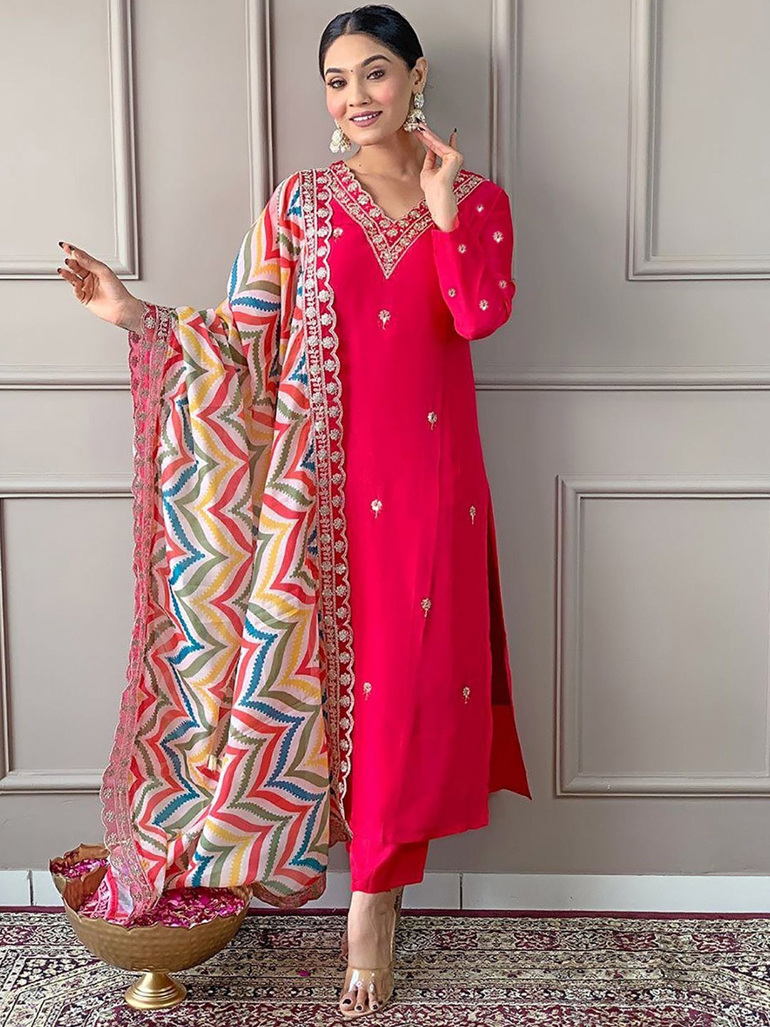 

Kedar Fab Floral Embroidered Thread Work Straight Kurta With Trouser And Dupatta, Red