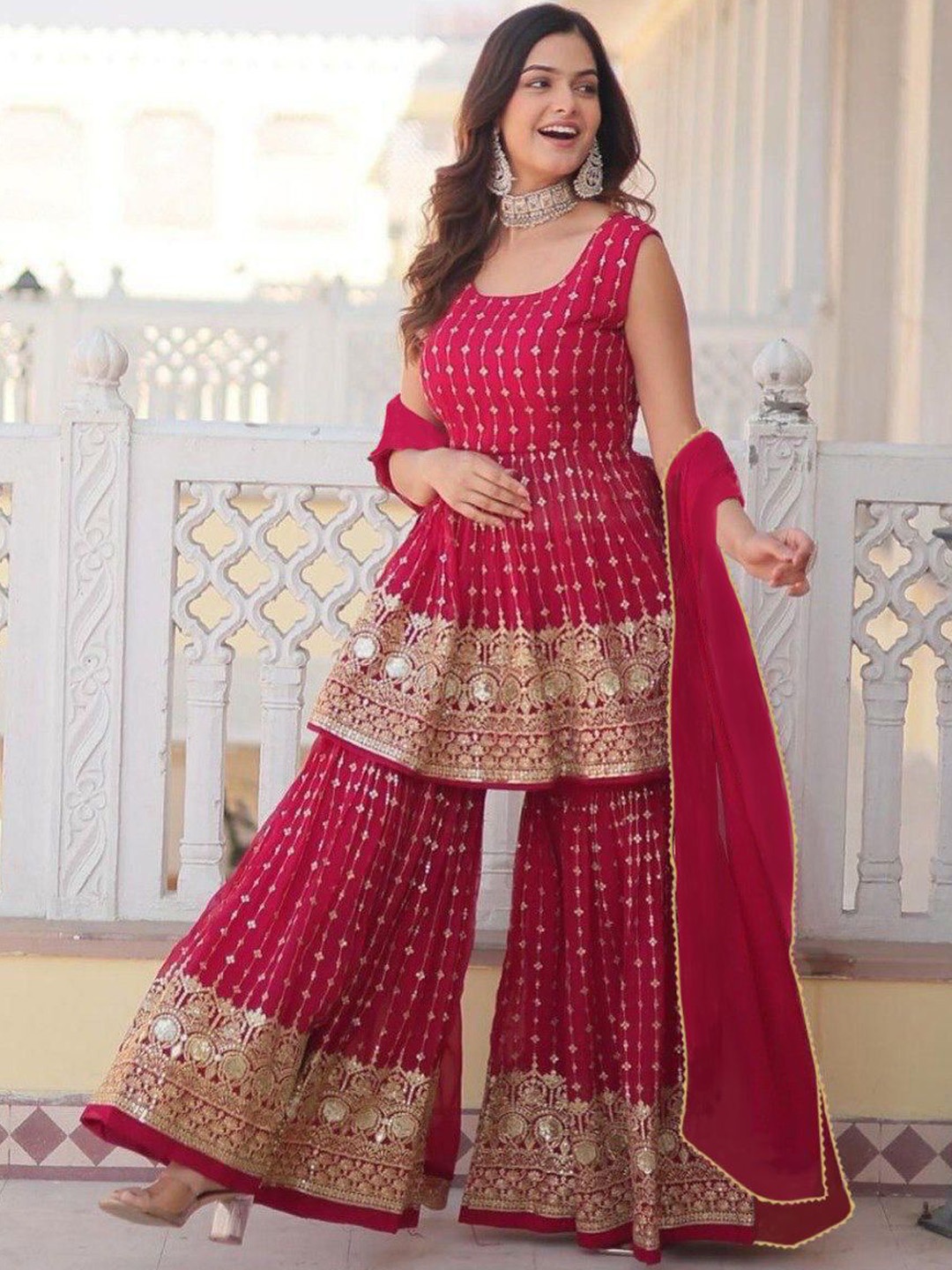 

Kedar Fab Ethnic Motifs Embroidered Thread Work Georgette Kurta With Sharara And Dupatta, Pink