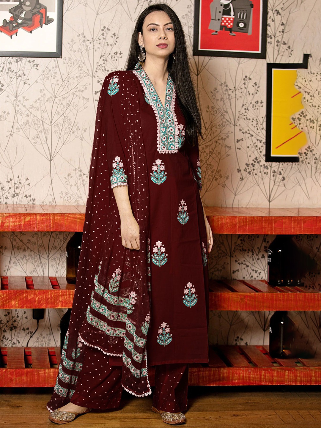 

KALINI Floral Printed V-Neck Straight Kurta With Palazzos And Dupatta, Maroon