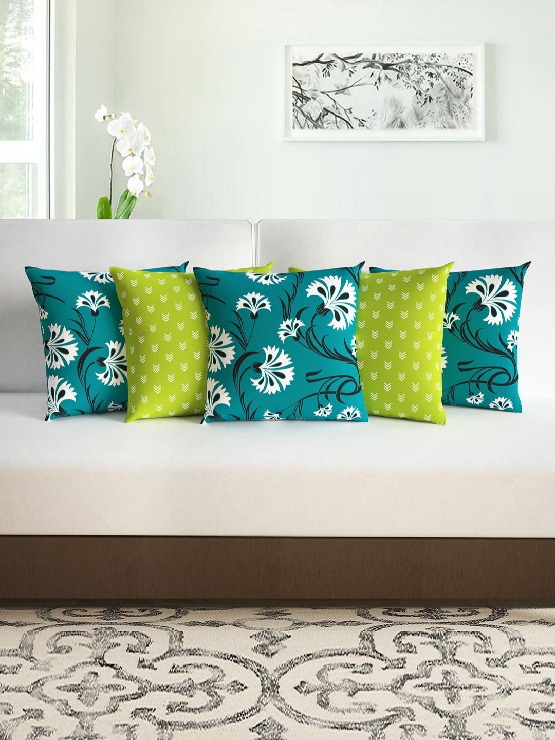

Divine Casa Green 5 Pieces Floral Printed Microfiber Square Cushion Covers