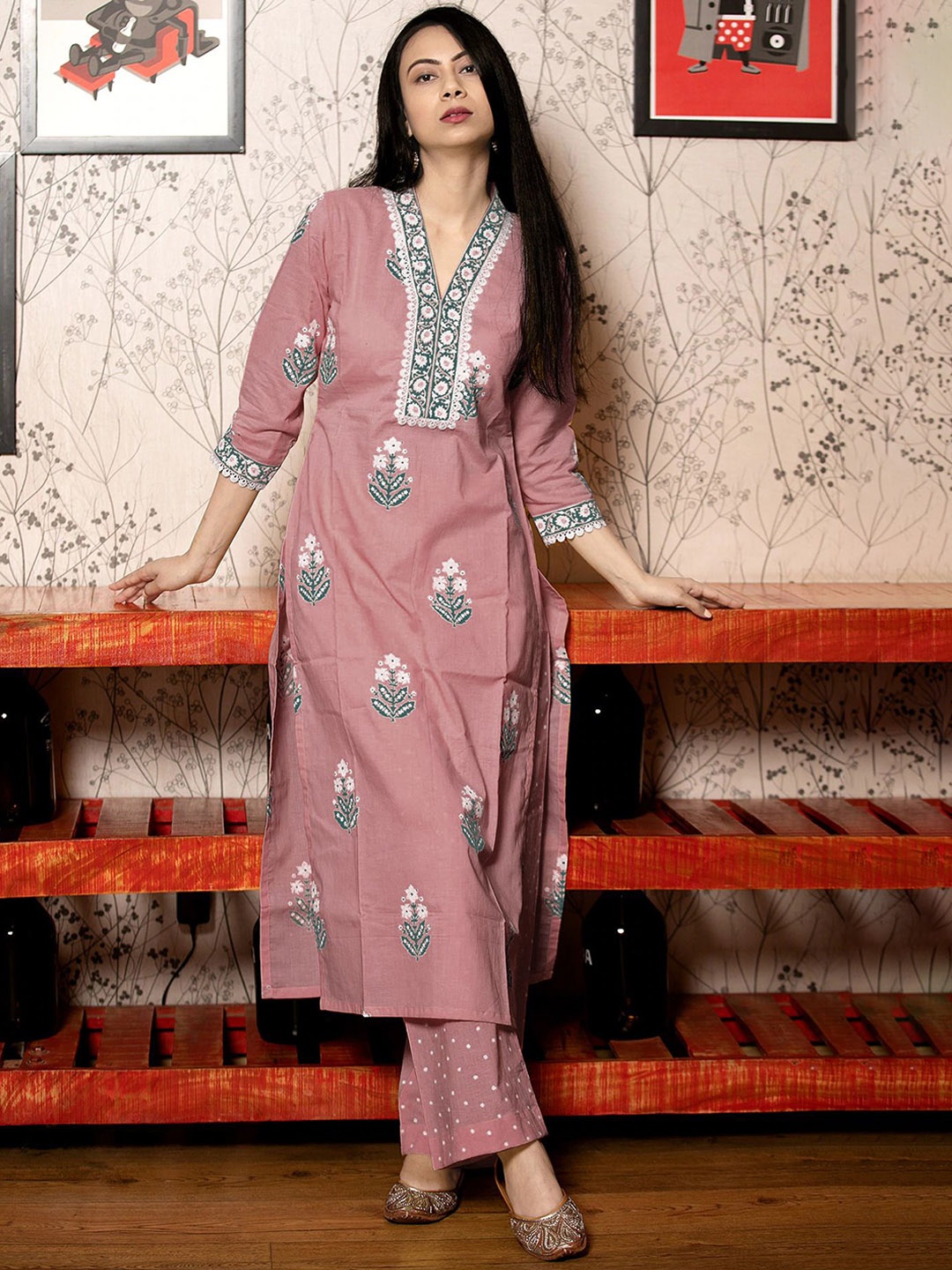 

KALINI Floral Printed V-Neck Straight Kurta With Palazzos And Dupatta, Peach