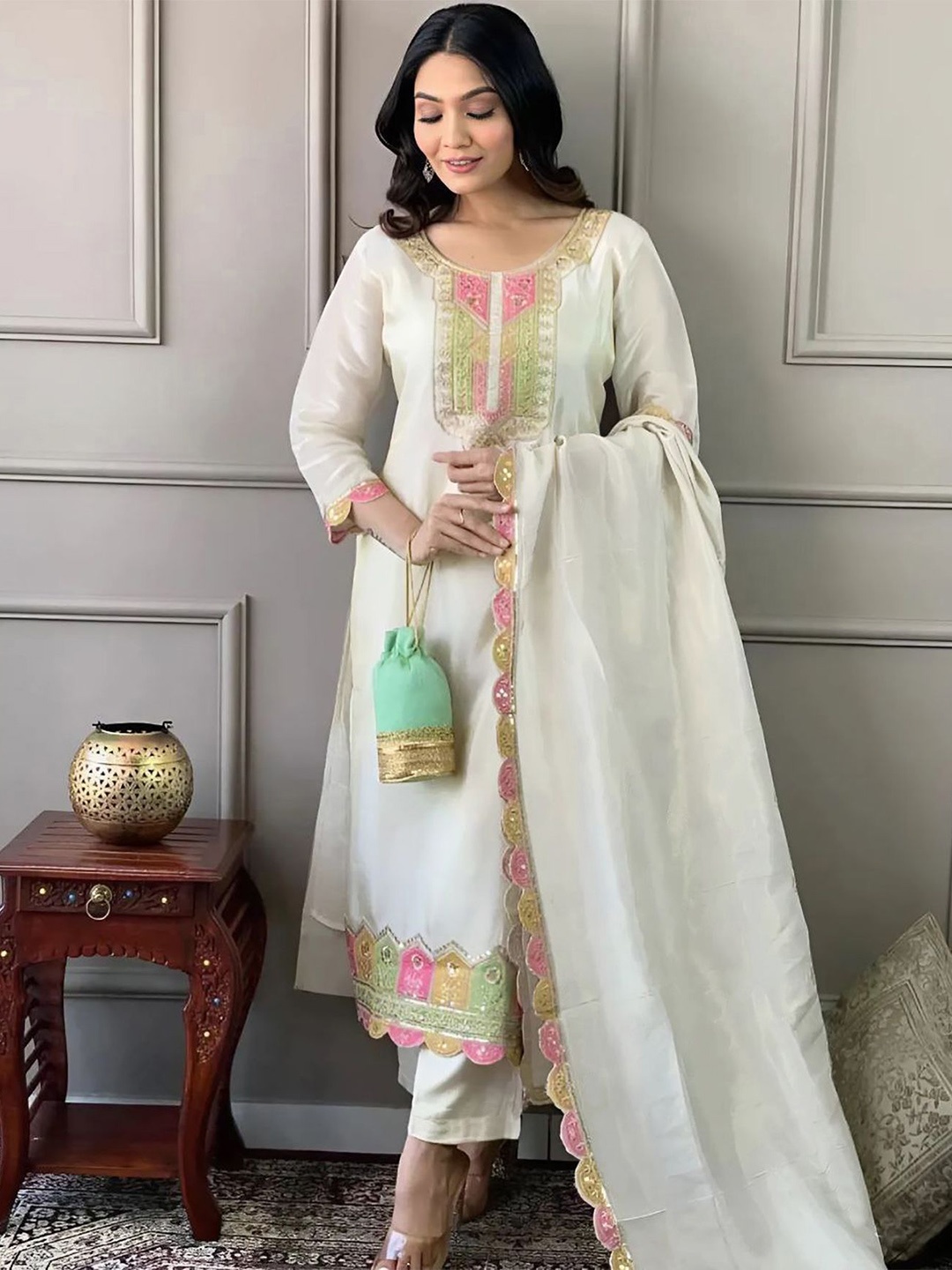 

Kedar Fab Ethnic Motifs Embroidered Zari Kurta With Trouser And Dupatta, White