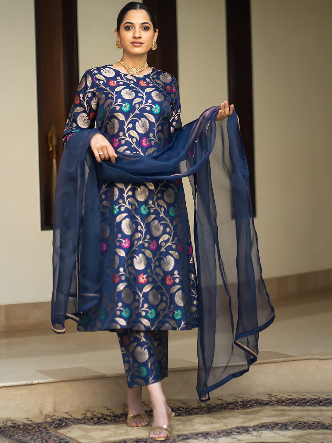 

Kedar Fab Floral Printed Art Silk Straight Kurta With Trouser With Dupatta, Blue