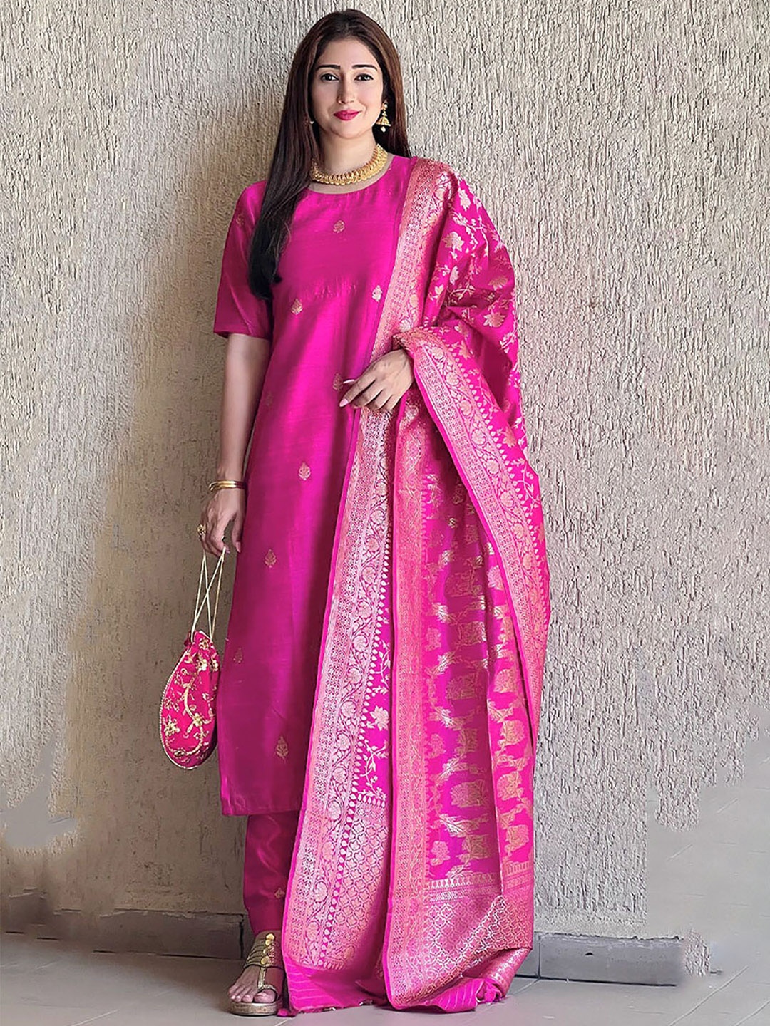 

Kedar Fab Floral Embroidered Art Silk Straight Kurta With Trouser And Dupatta, Pink