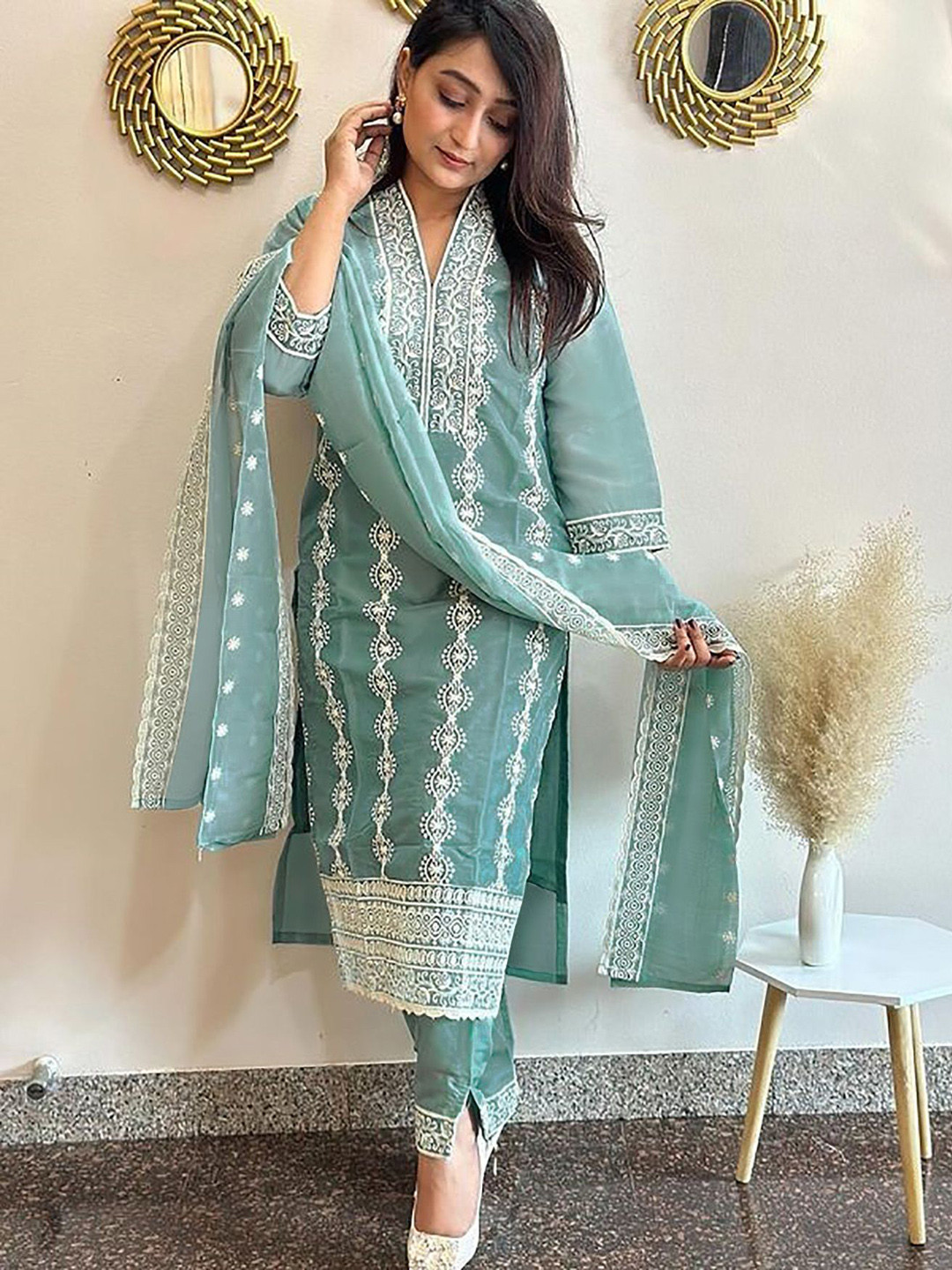 

Kedar Fab Ethnic Motifs Embroidered Thread Work V-Neck Pure Cotton Silk Straight Kurta, Sea green