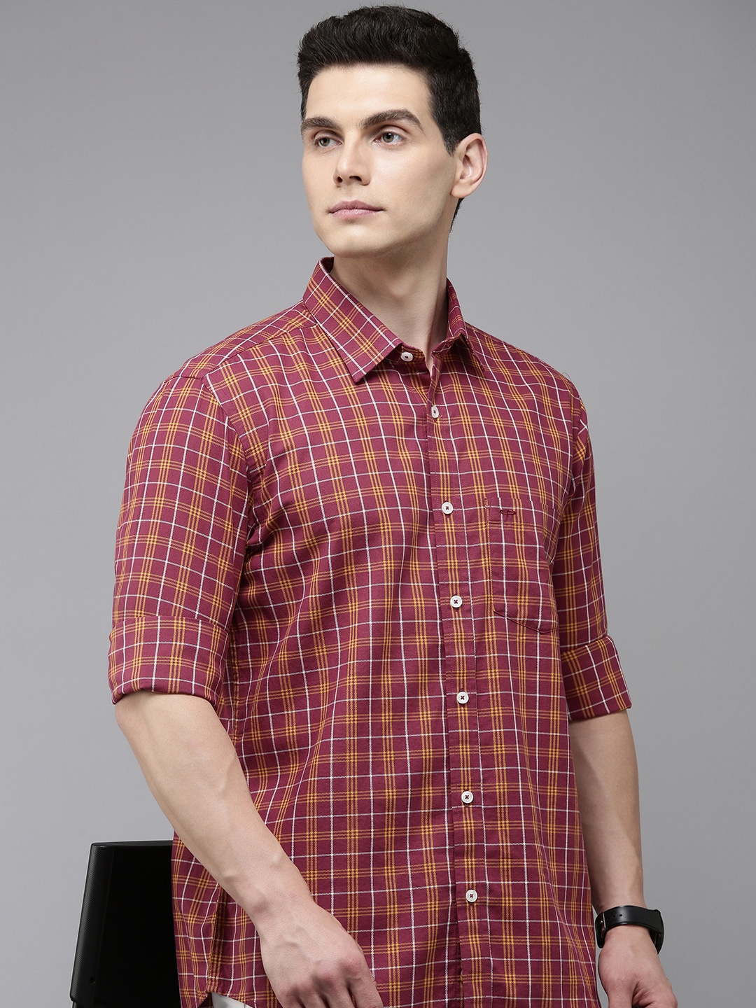 

ColorPlus Tailored Fit Checked Pure Cotton Casual Shirt, Red