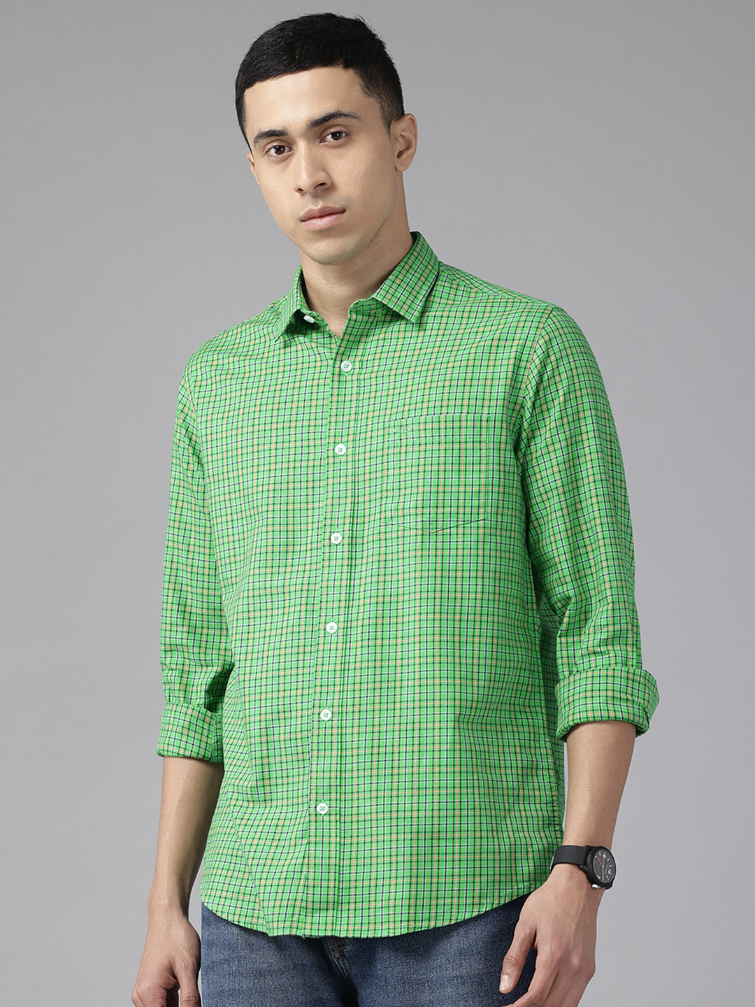 

ColorPlus Contemporary Fit Cotton Checked Casual Shirt, Green