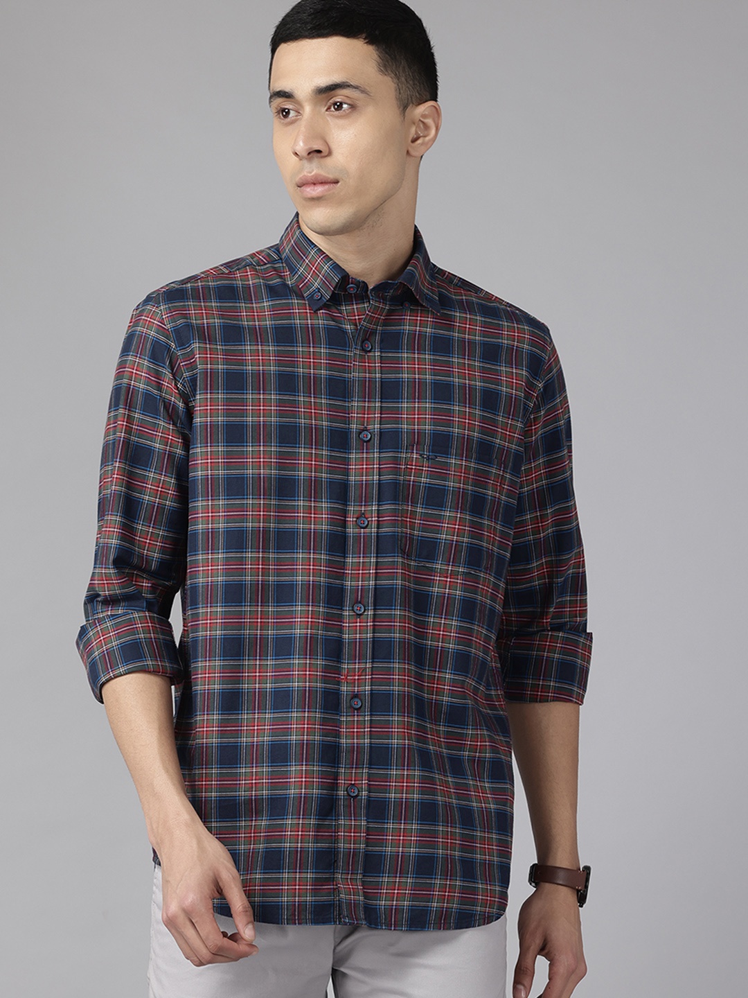 ColorPlus Cotton Checked Casual Shirt, Navy blue