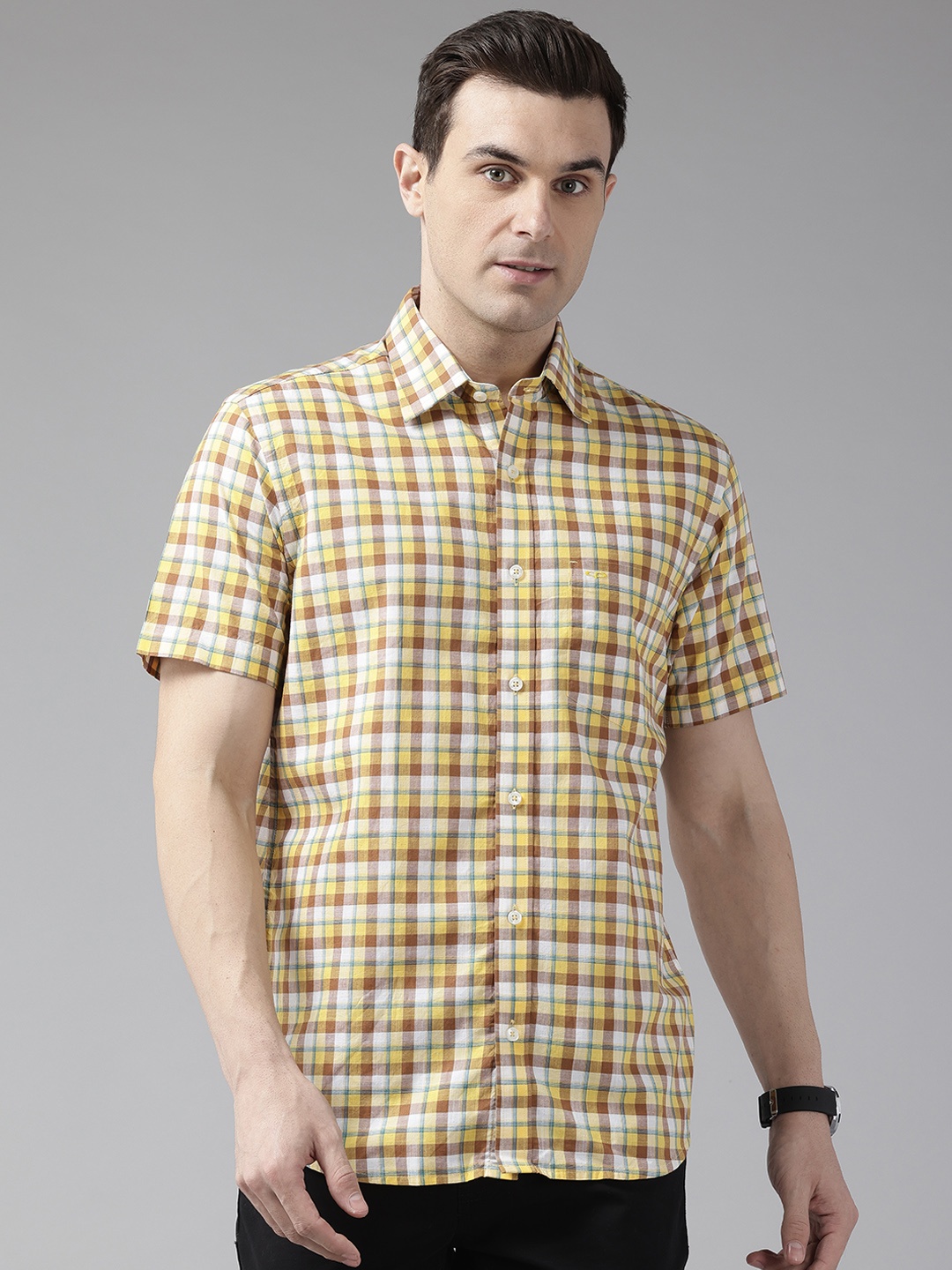 

ColorPlus Tailored Fit Cotton Checked Casual Shirt, Yellow
