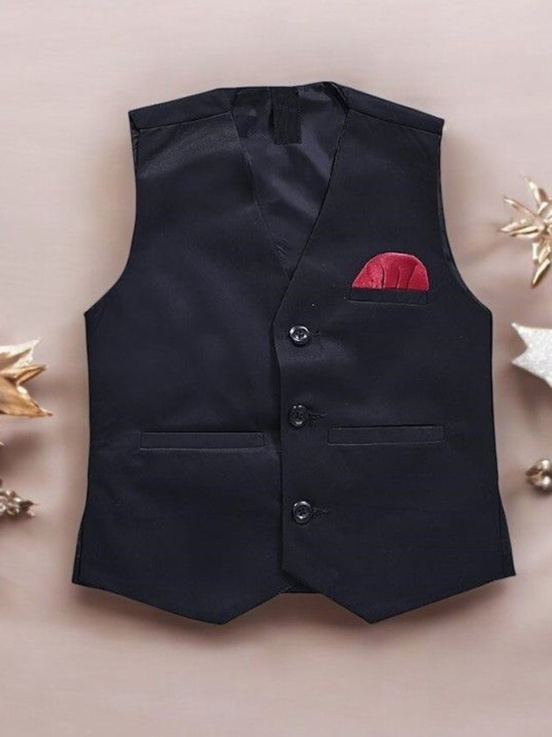

Eliq Boys V Neck Sleeveless Corduroy Weave Cotton Silk Waistcoat, Black