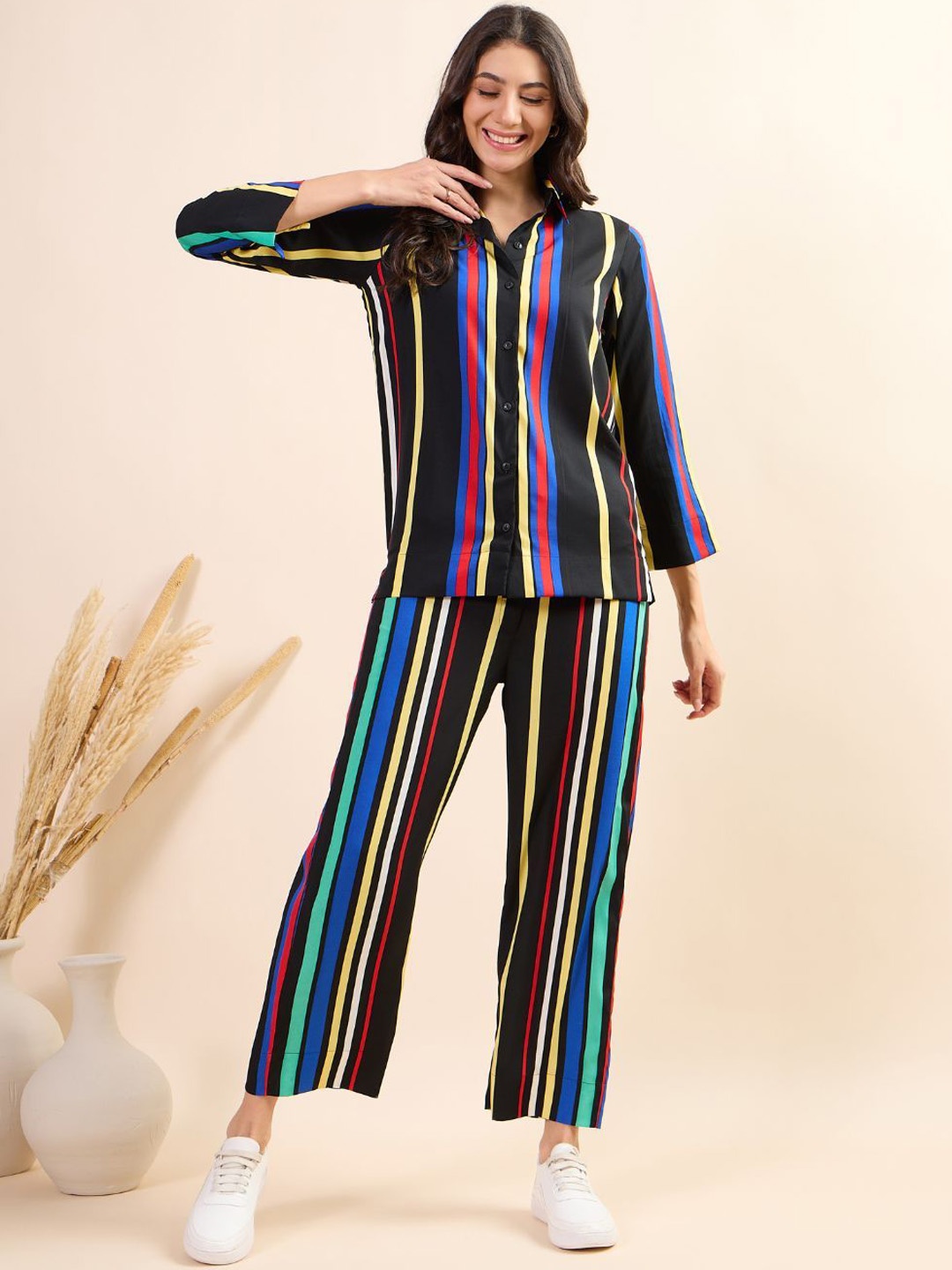 

Kiarabel Retail Striped Three-Quarter Sleeves Shirt With Trouser, Black
