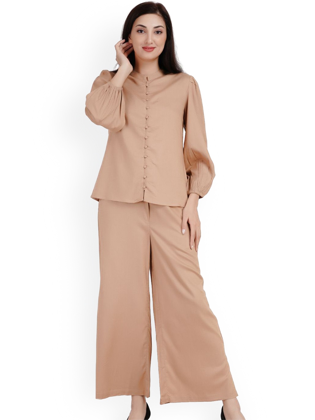 

Kiarabel Retail Mandarin Collar Linen Top & Trouser, Beige