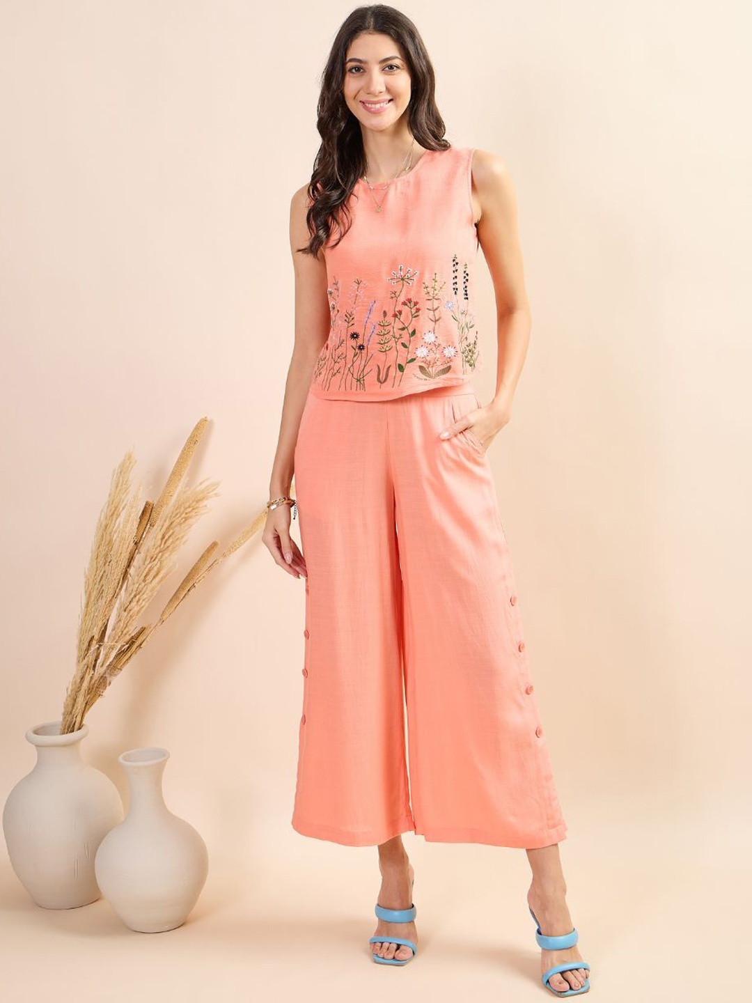 

Kiarabel Retail Embroidered Sleeveless Pure Cotton Top With Trouser, Peach