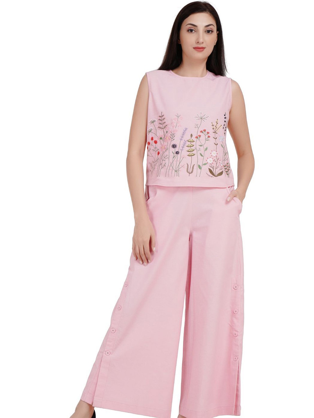 

Kiarabel Retail Embroidered Sleeveless Pure Cotton Top With Trouser, Pink