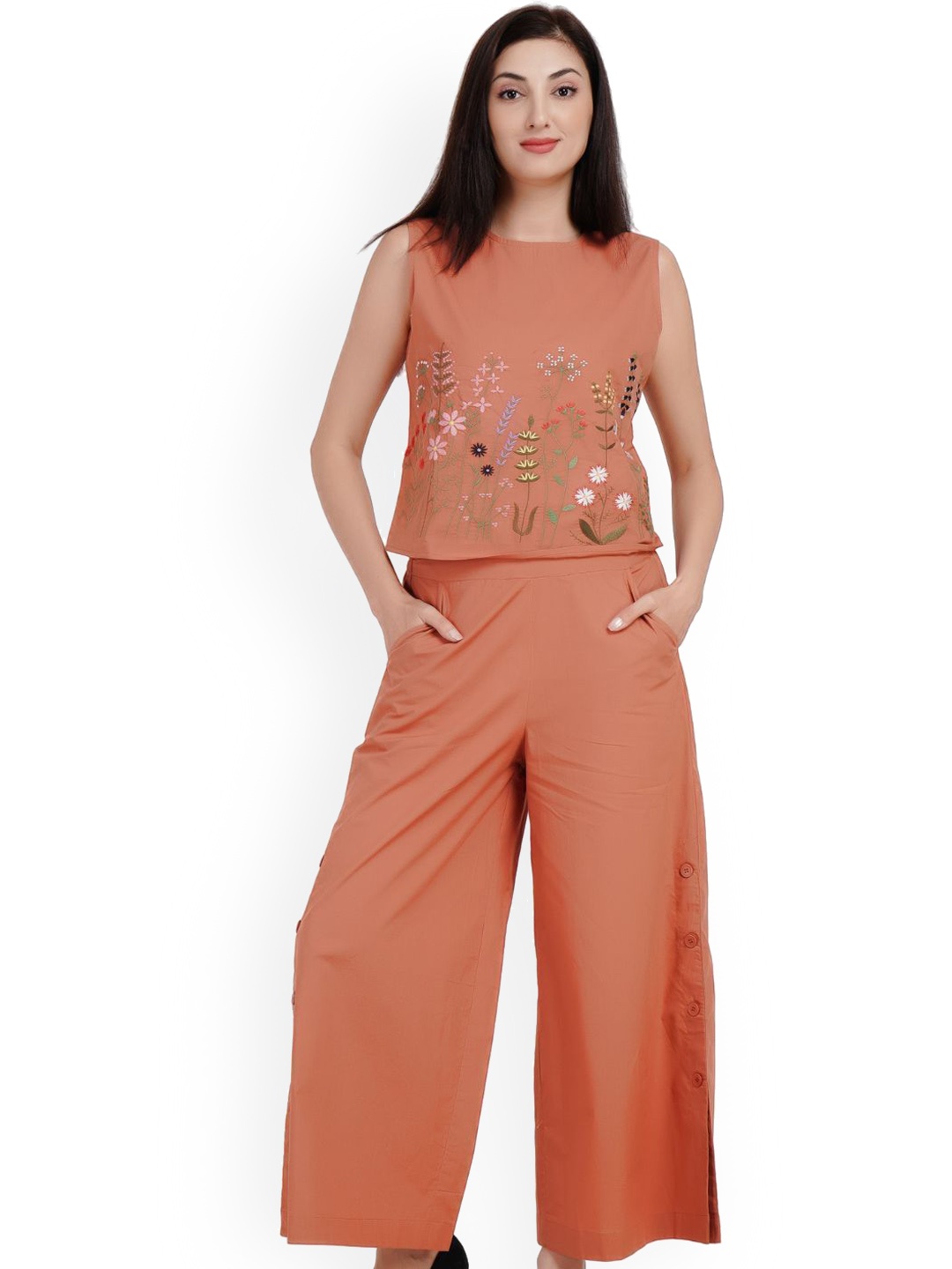 

Kiarabel Retail Embroidered Sleeveless Pure Cotton Top With Trouser, Rust