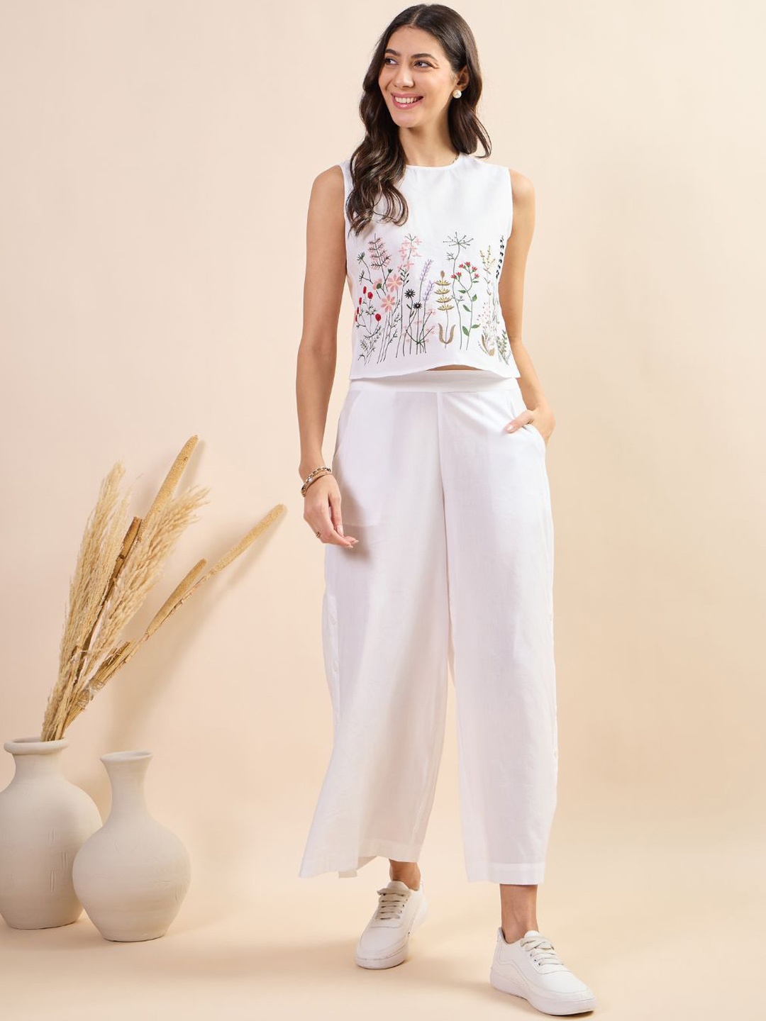 

Kiarabel Retail Embroidered Sleeveless Pure Cotton Top With Trouser, White