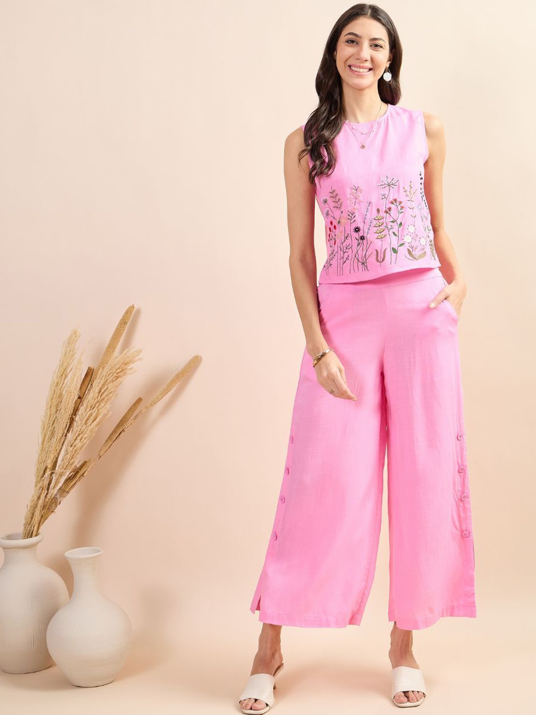 

Kiarabel Retail Embroidered Sleeveless Pure Cotton Top With Trouser, Pink