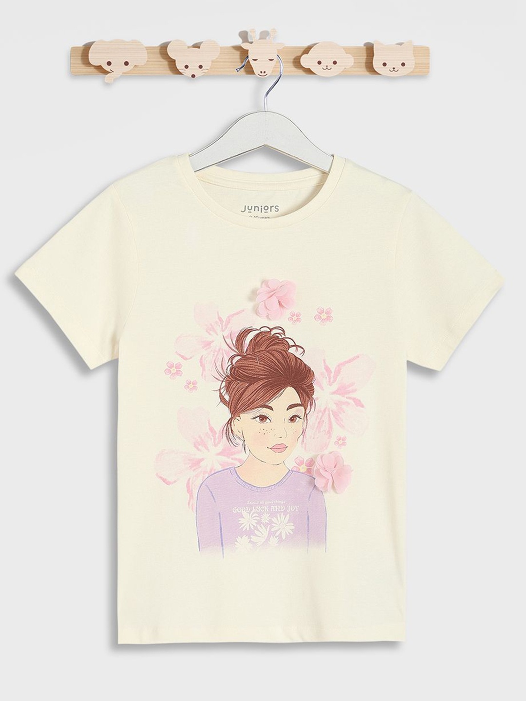 Juniors by Babyshop Girls Graphic Printed Round Neck Cotton T-shirt, Beige