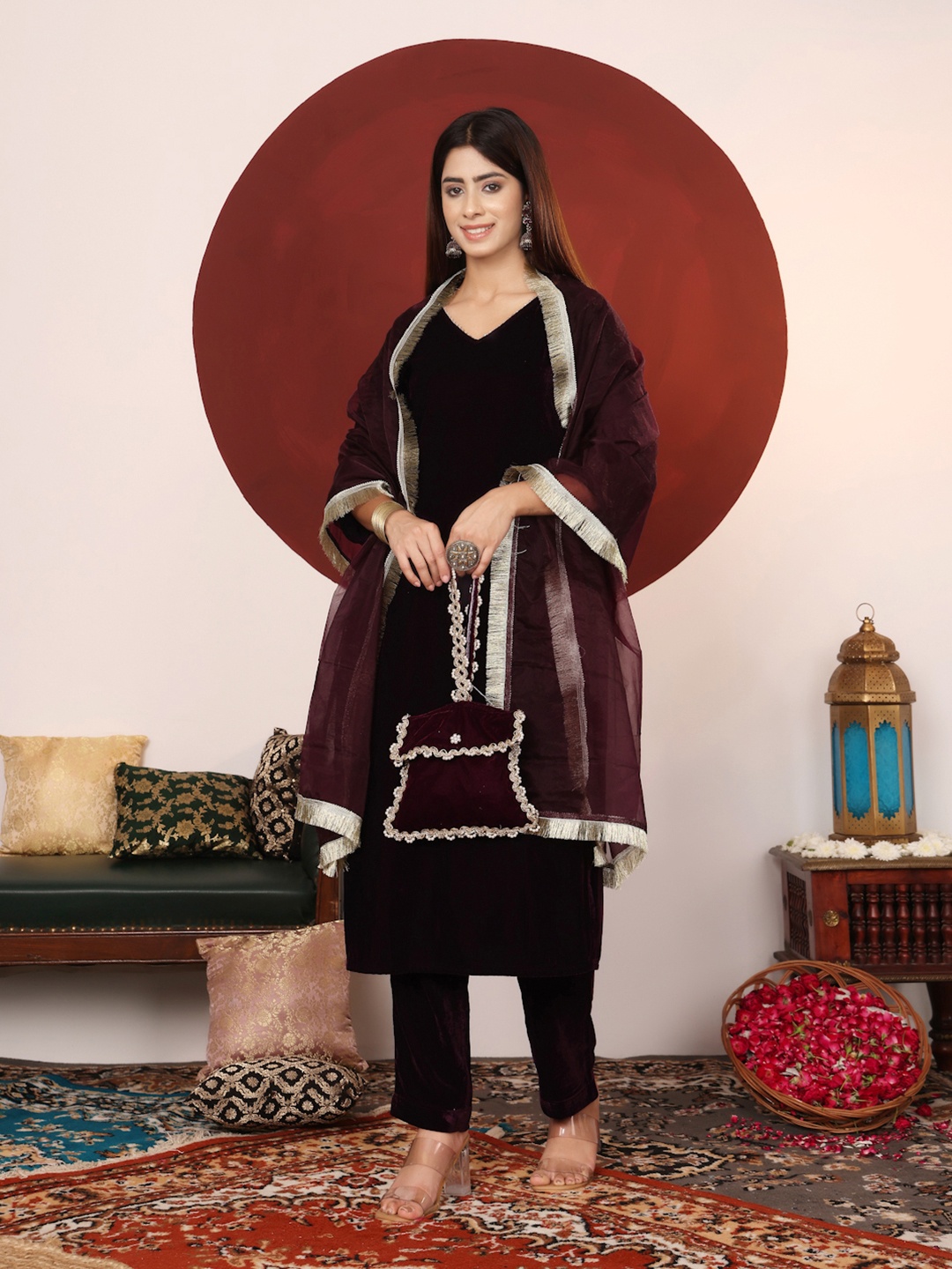 

Varanga Velvet V-Neck Straight Kurta With Trousers And Dupatta, Purple