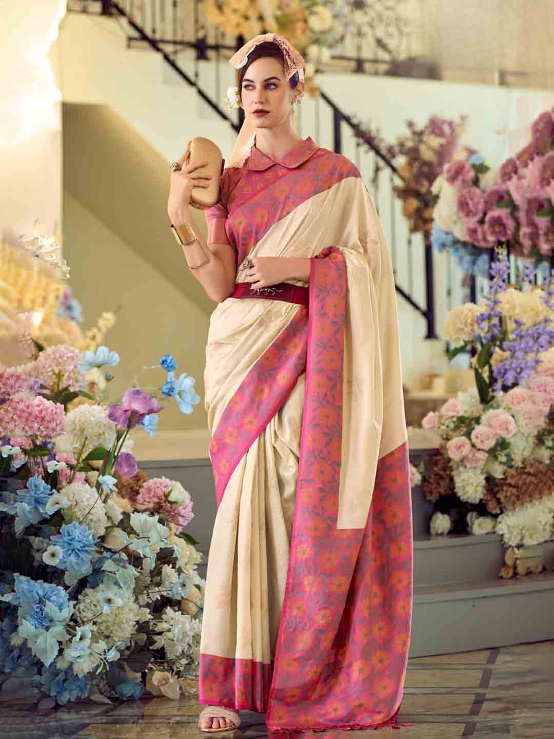 

DEVATITHI Woven Design Cream Soft Silk Saree