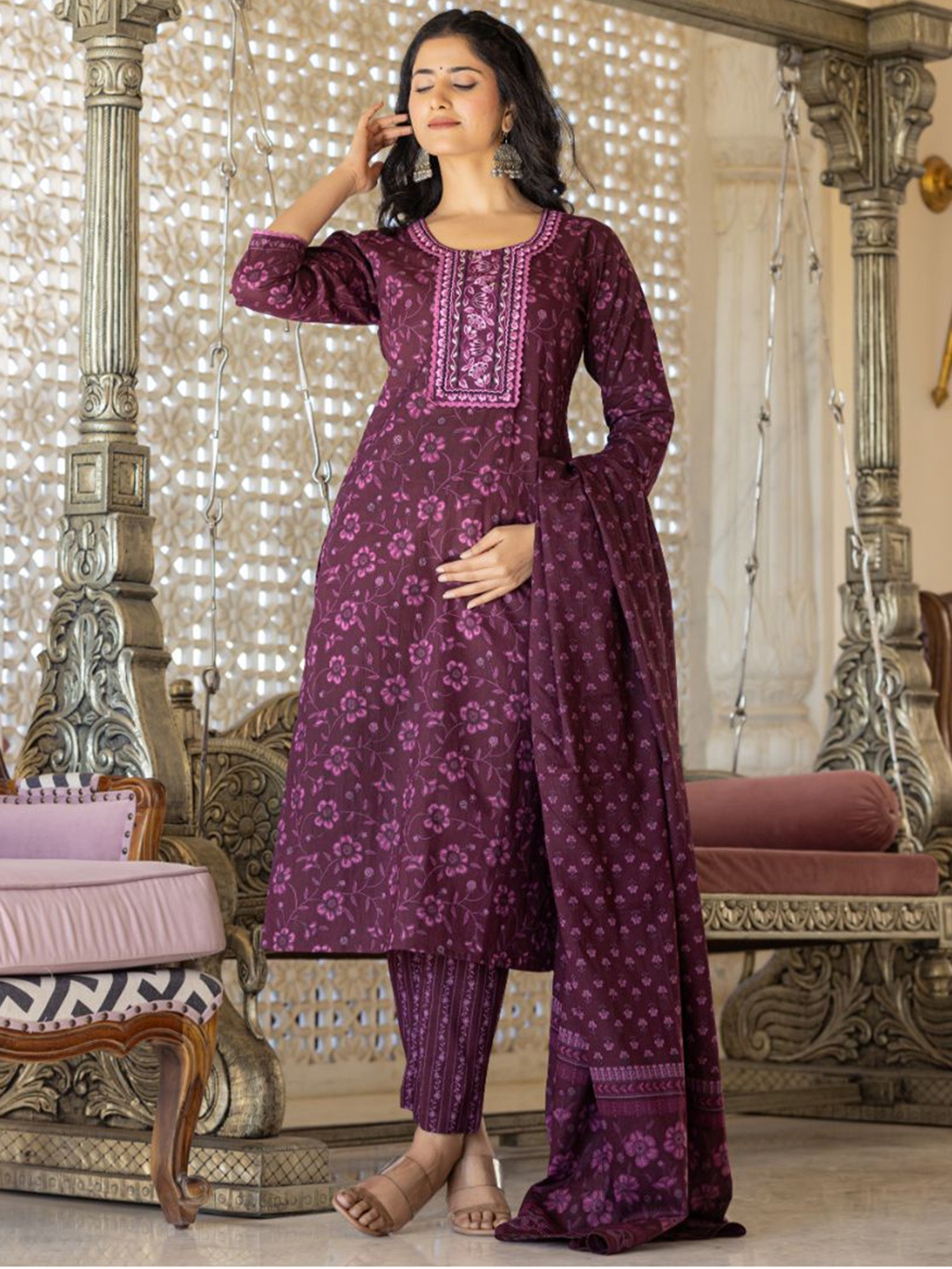 

AARDRAA Floral Printed Sequnnied Pure Cotton Straight Kurta With Trousers And Dupatta, Purple