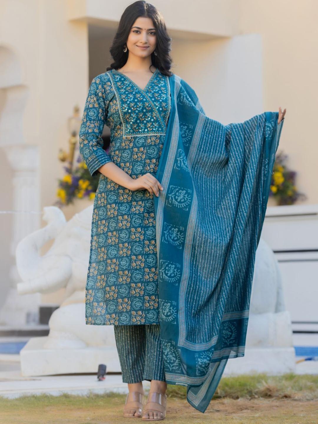 

AARDRAA Floral Printed V-Neck Pure Cotton Straight Kurta With Trousers And Dupatta, Blue