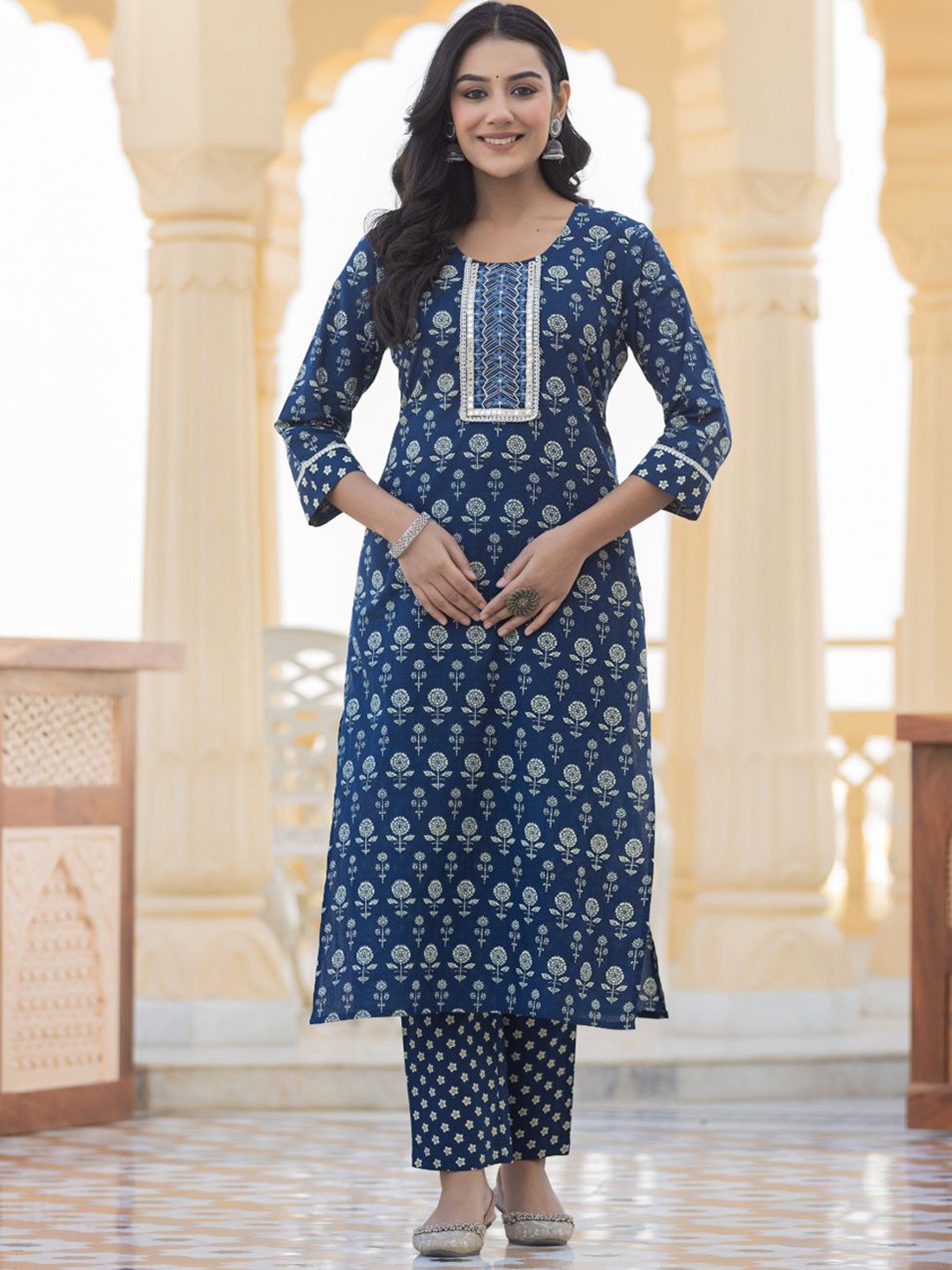

AARDRAA Floral Printed Mirror Work Pure Cotton Straight Kurta With Trousers And Dupatta, Navy blue