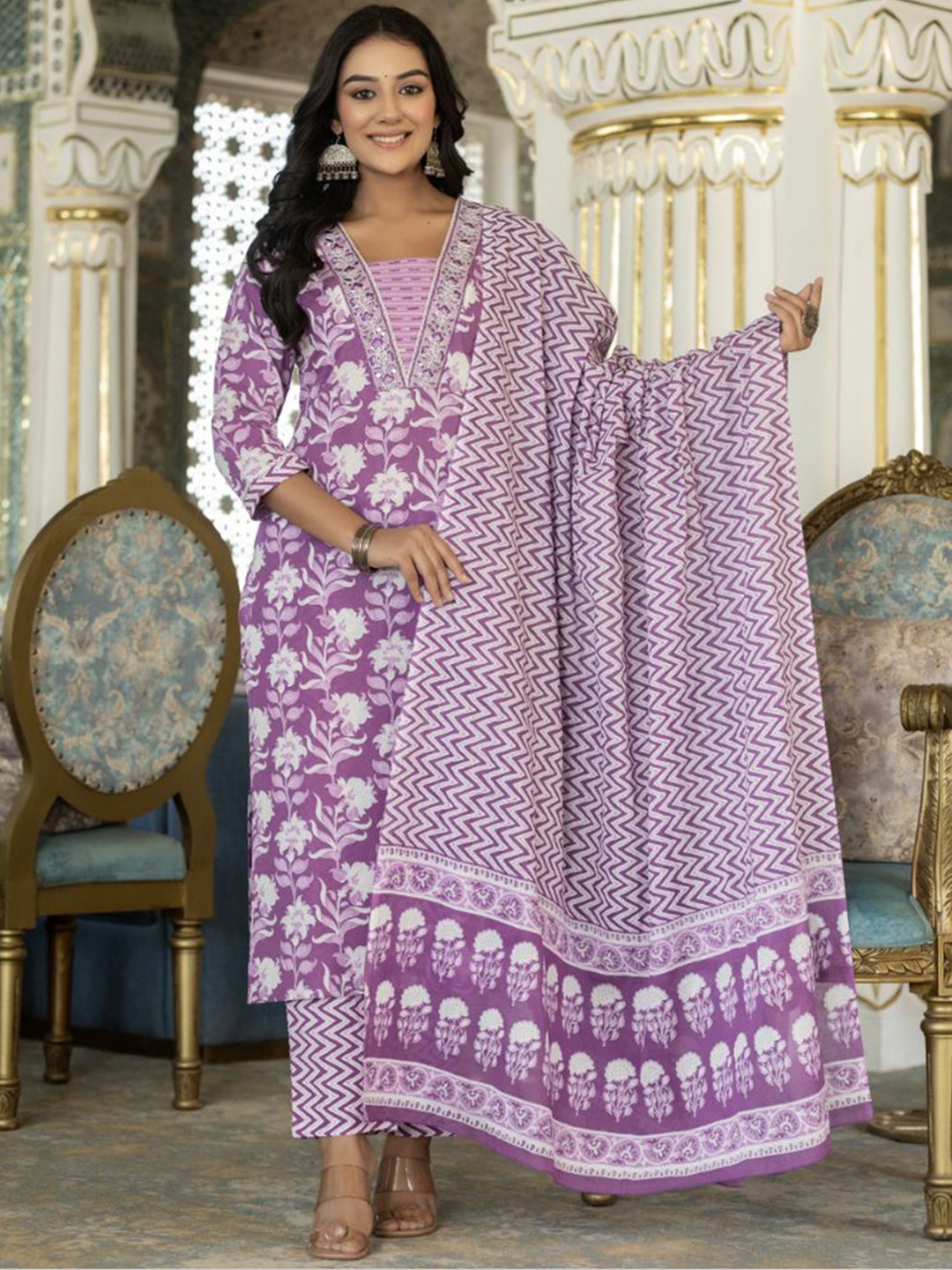 

AARDRAA Floral Printed Notch Neck Pure Cotton Straight Kurta With Trousers And Dupatta, Purple