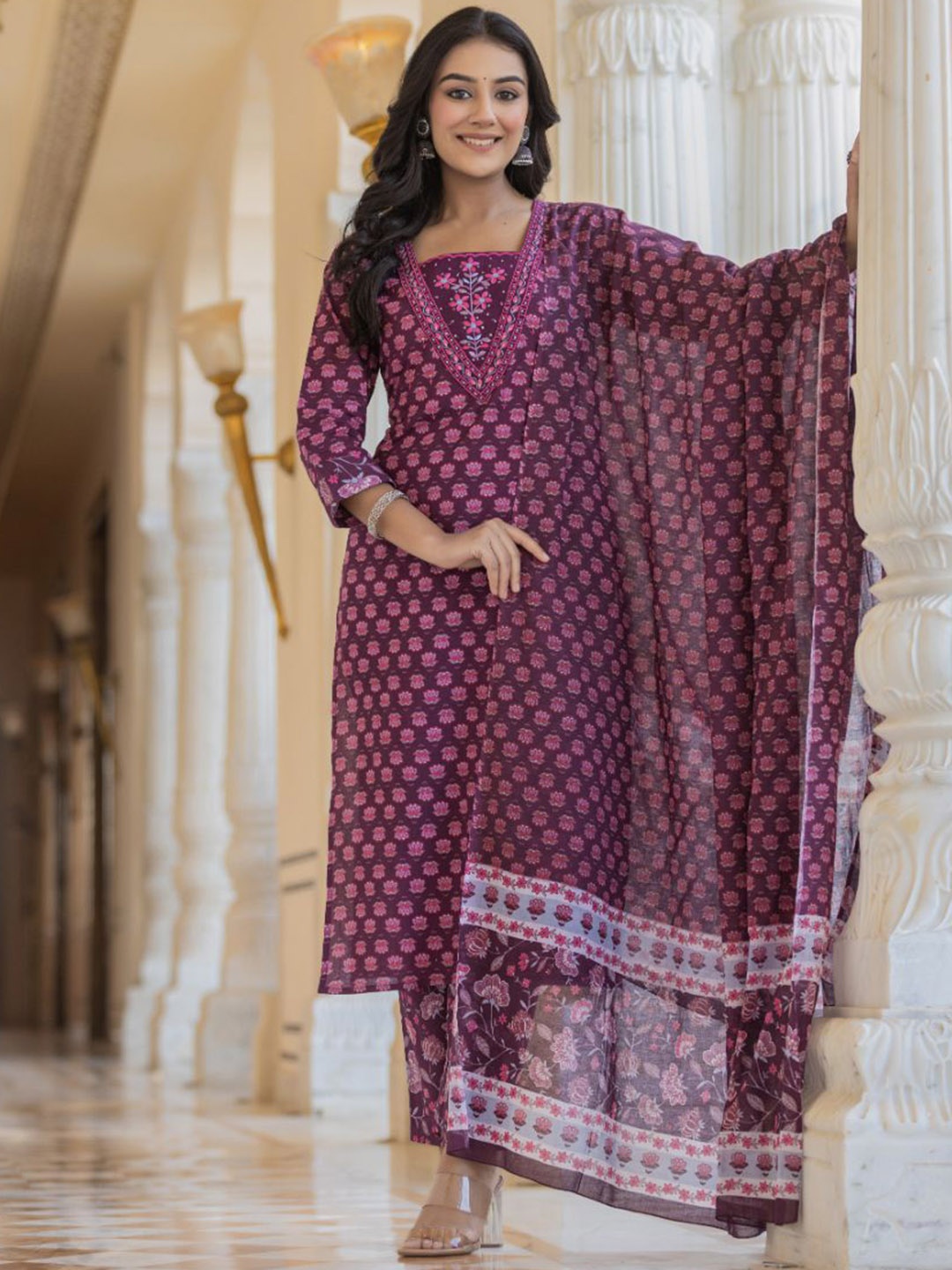 AARDRAA Floral Printed Sequnnied Pure Cotton Straight Kurta With Trousers And Dupatta, Purple