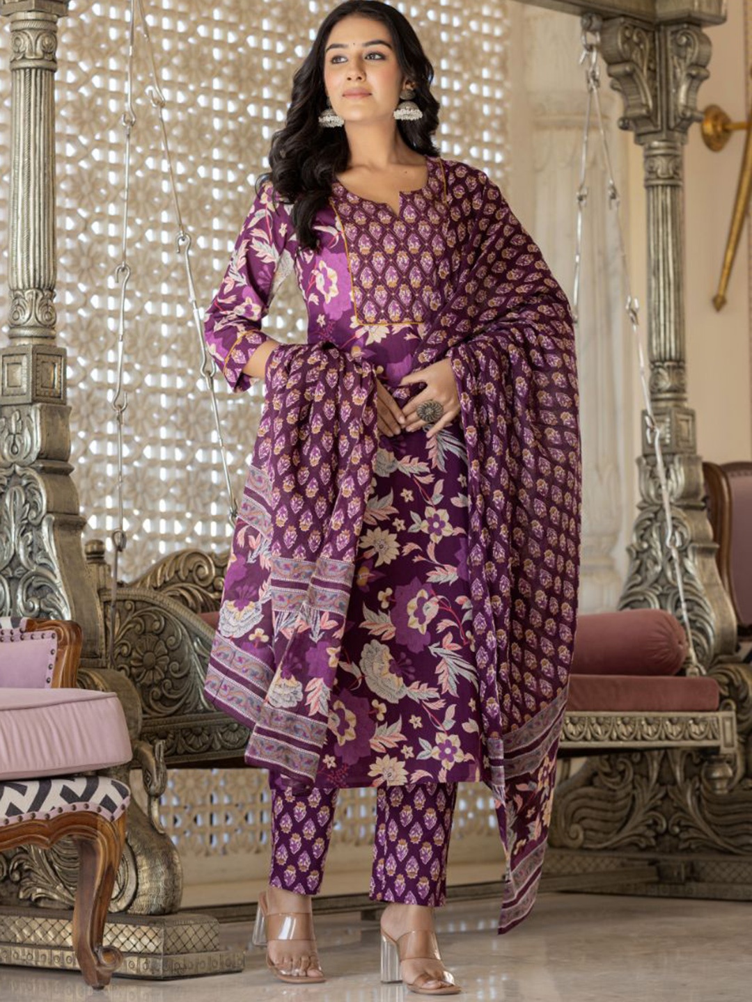 

AARDRAA Floral Printed Notch Neck Pure Cotton Straight Kurta With Trousers And Dupatta, Purple