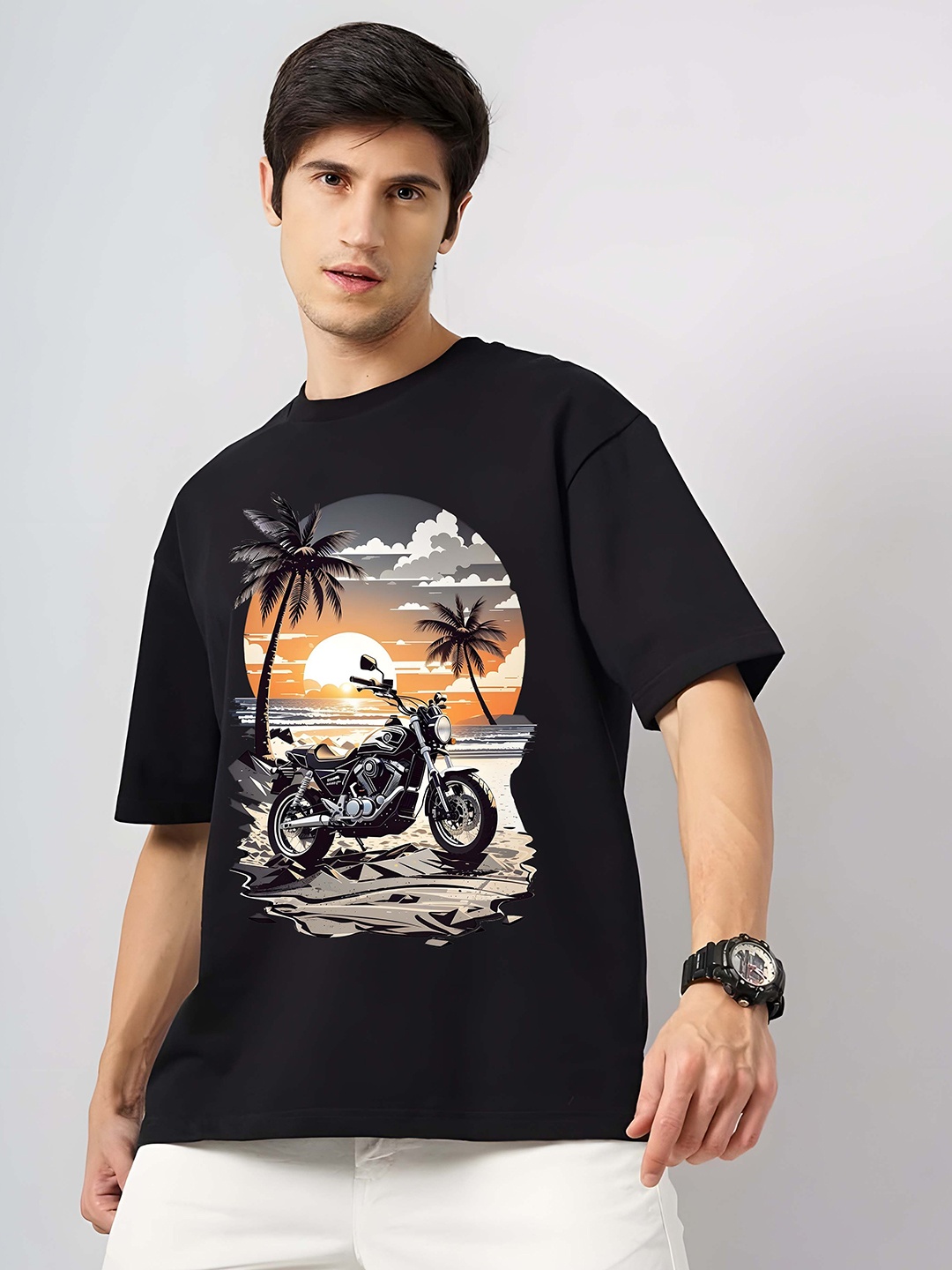 

KAIDO Men Graphic Printed Round Neck Pure Cotton Relaxed Fit T-shirt, Black