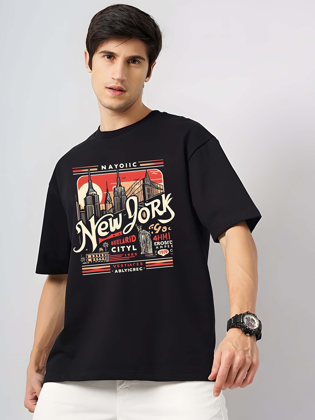 

KAIDO Men Graphic Printed Round Neck Pure Cotton Oversized T-shirt, Black