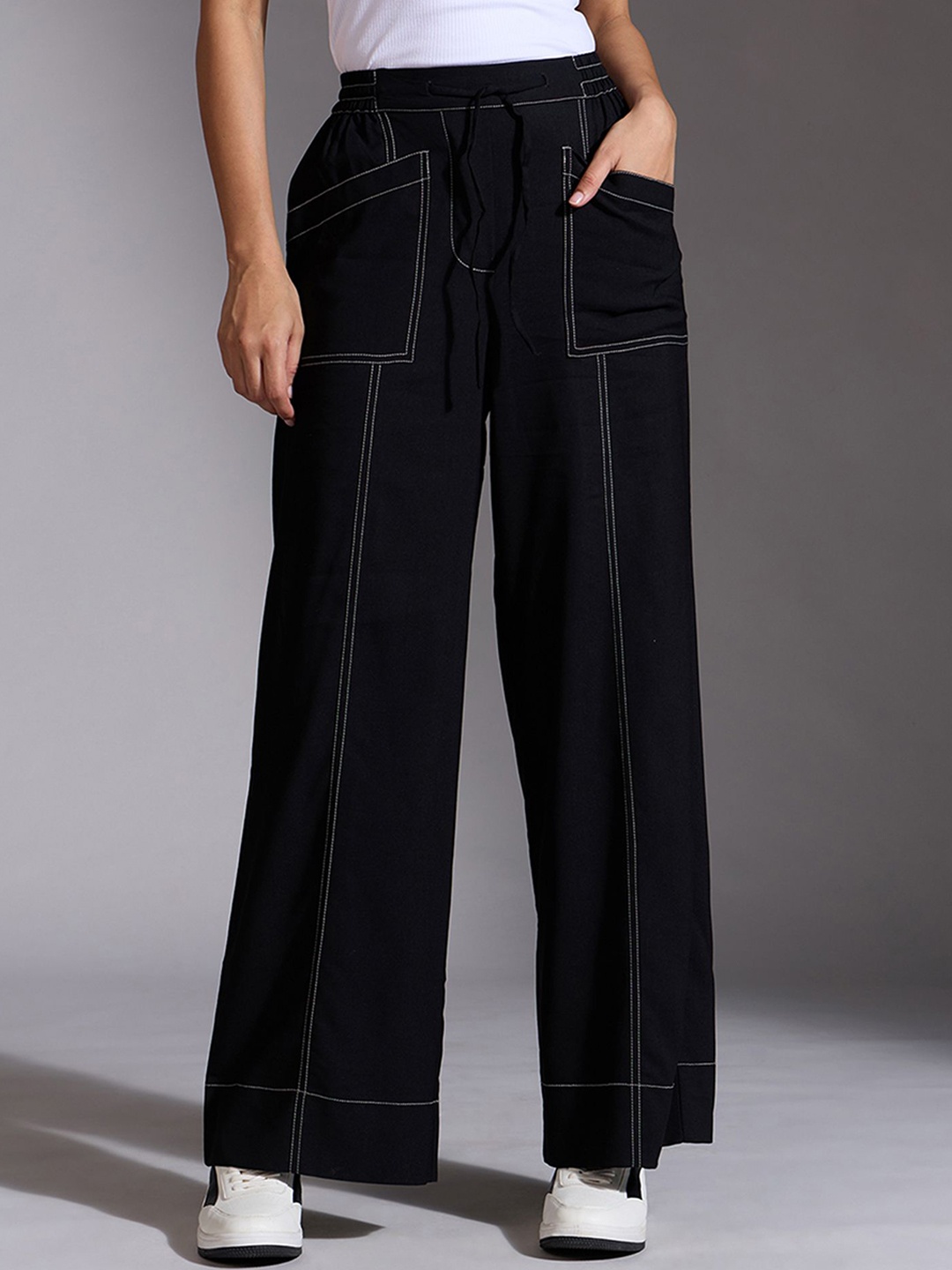 

20Dresses Women High-Rise Cotton Parallel Trousers, Black