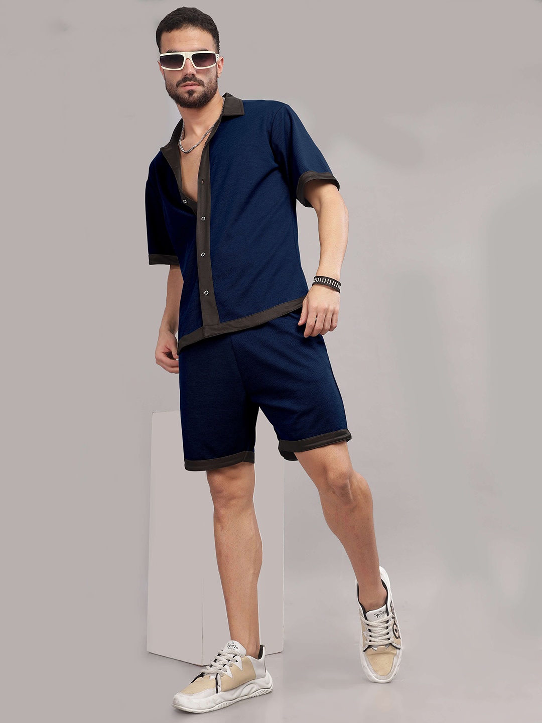 

TRIBE Short Sleeves Shirt With Shorts, Navy blue