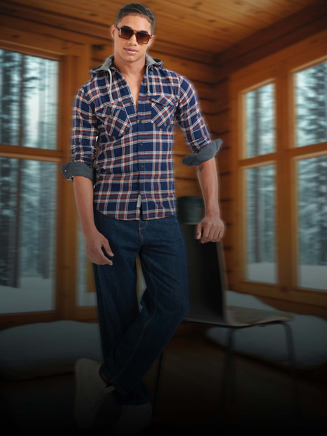 

HOUSE OF MAHNOTS Men Comfort Slim Fit Hood Tartan Checked Cotton Casual Shirt, Navy blue