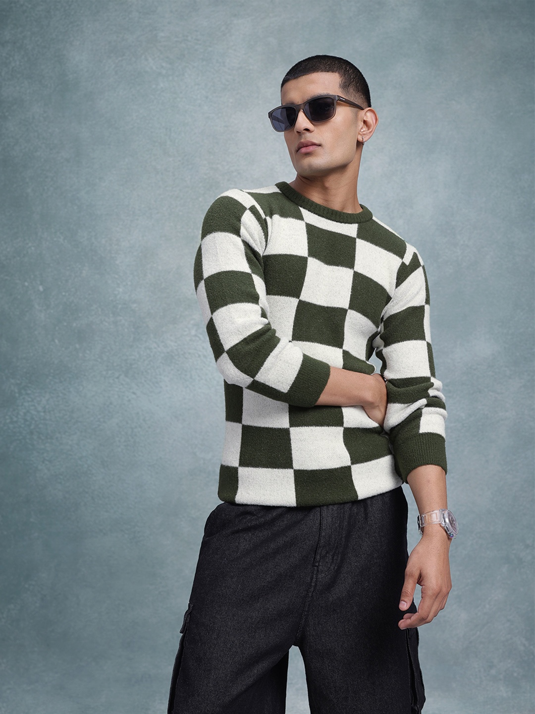 

The Roadster Lifestyle Co. Men Checked Woollen Pullover, Green