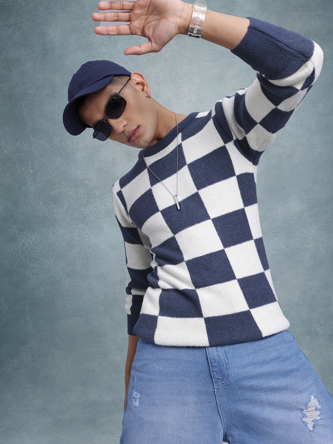 

The Roadster Lifestyle Co. Men Checked Woollen Pullover, Blue