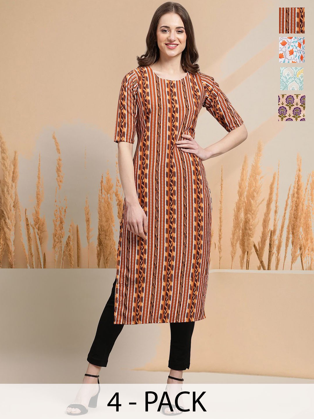 

7Threads Selection Of 4 Ethnic Motifs Printed Round Neck Straight Kurtas, Brown