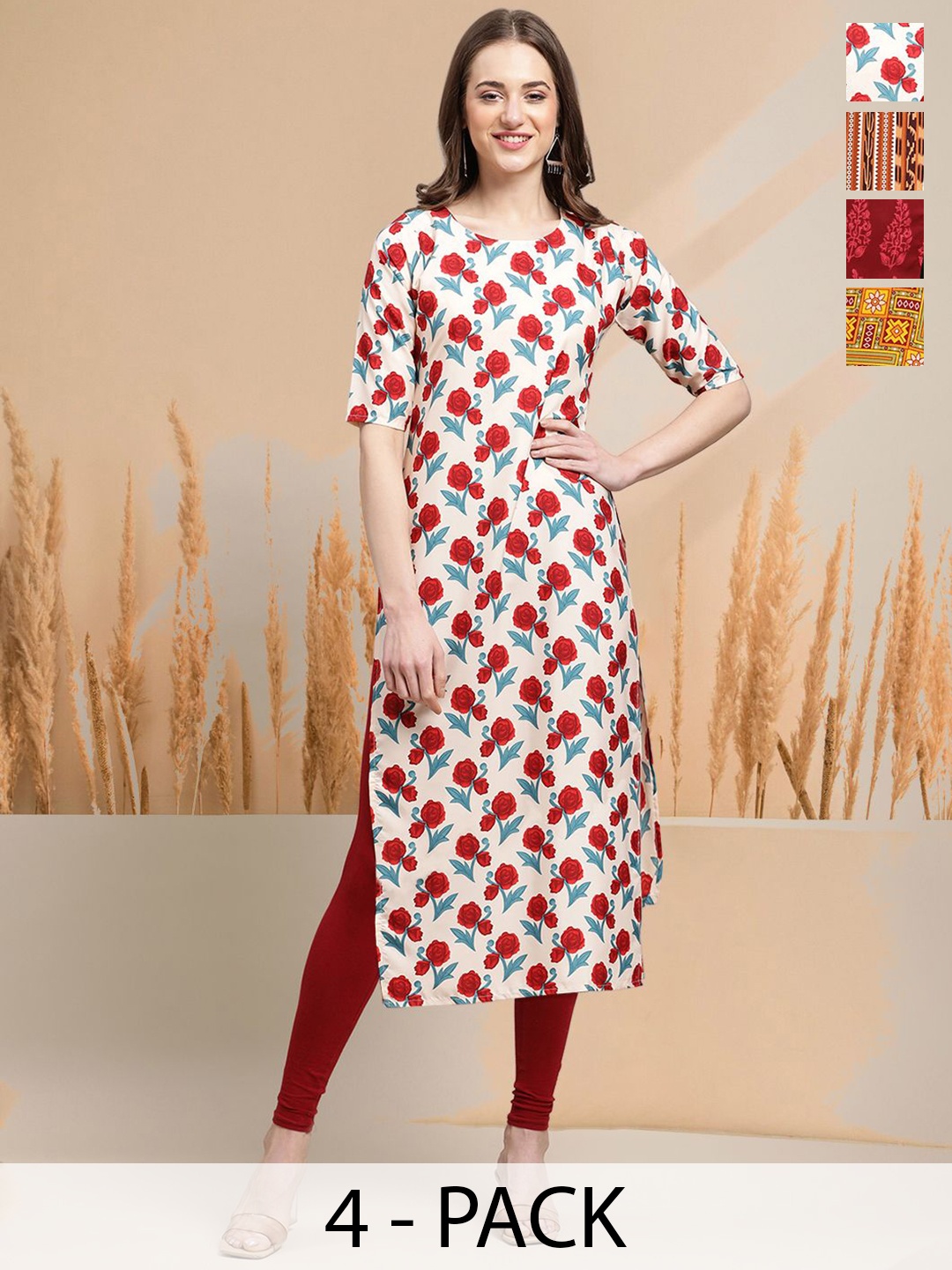 

7Threads Selection Of 4 Floral Printed Round Neck Straight Kurtas, Off white