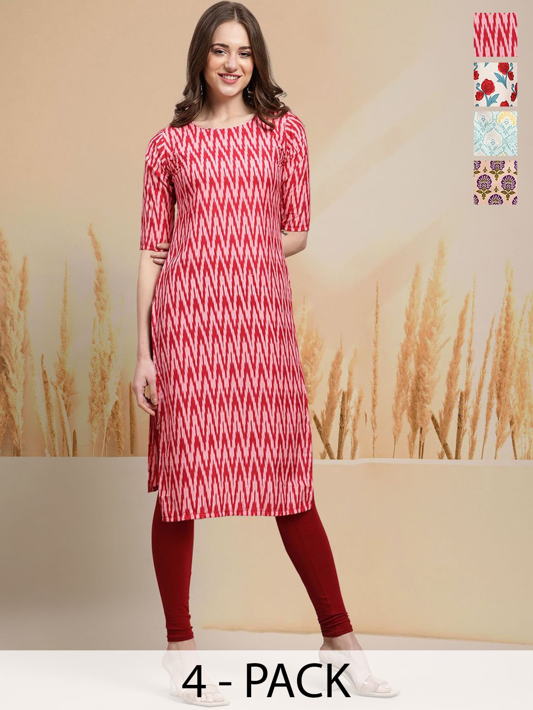 

7Threads Selection Of 4 Chevron Printed Round Neck Straight Kurtas, Red