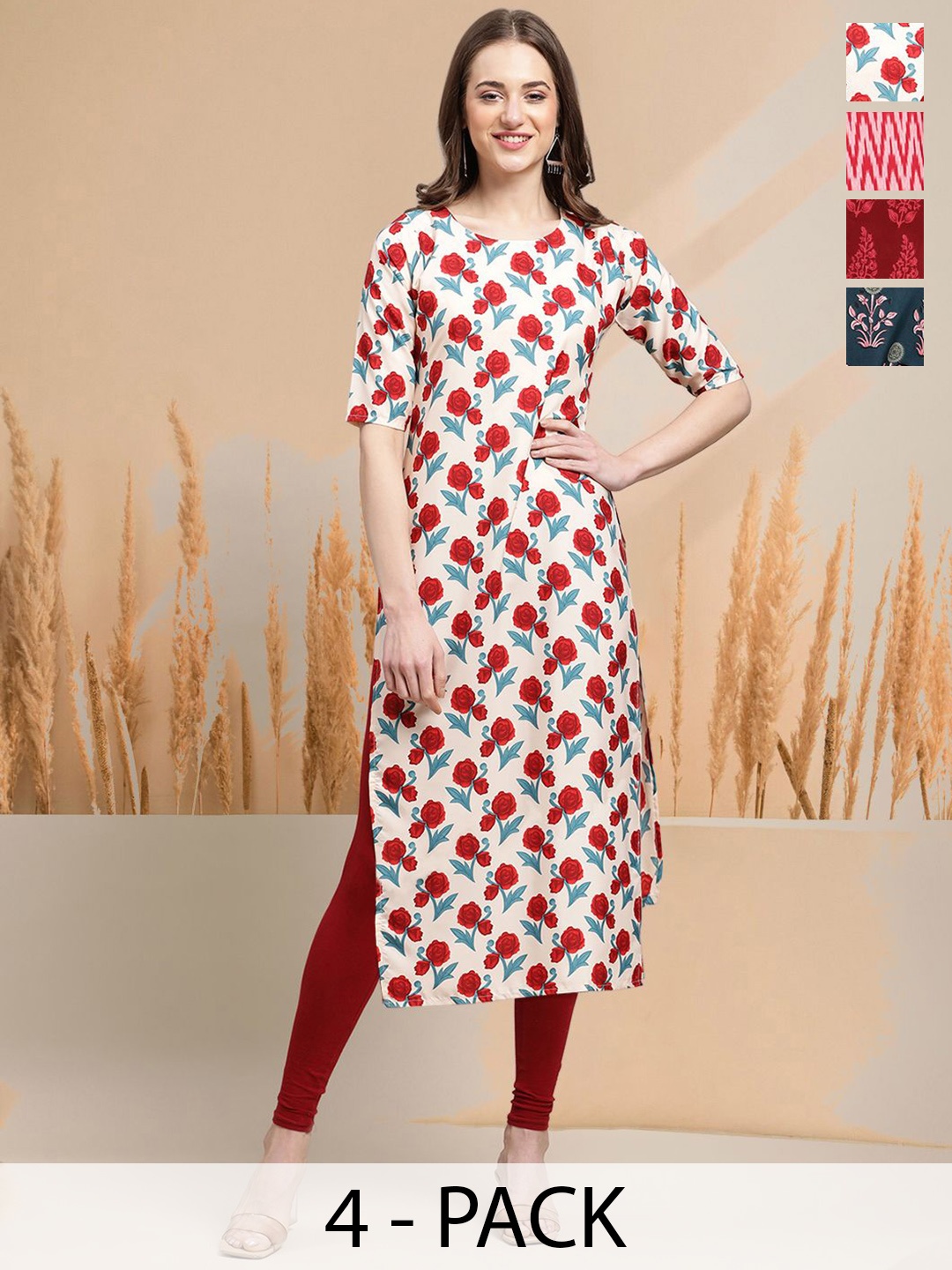 

7Threads Selection Of 4 Floral Printed Straight Kurtas, Cream
